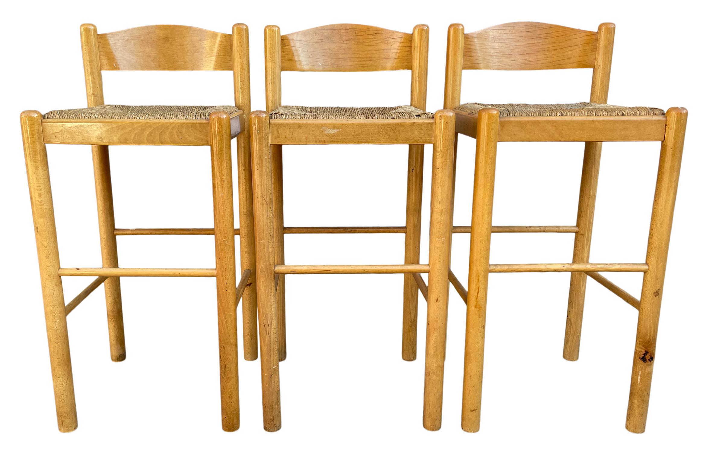 Unknown Set of 3 Mid Century Modern Maple and Rush Bar Stools