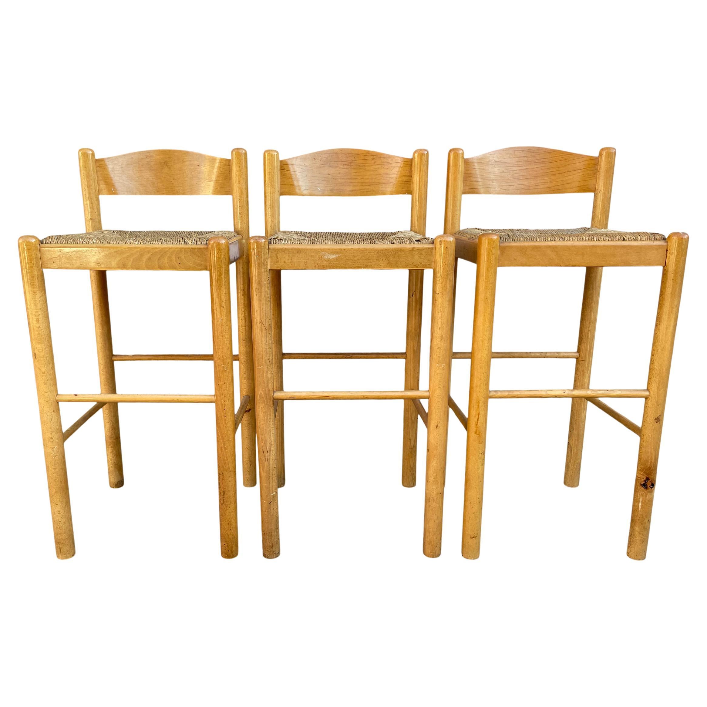 Set of 3 Mid Century Modern Maple and Rush Bar Stools For Sale at 1stDibs | bar  stools with rush seats, rush seat bar stools with backs, rush bars