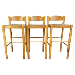 Set of 3 Mid Century Modern Maple and Rush Bar Stools