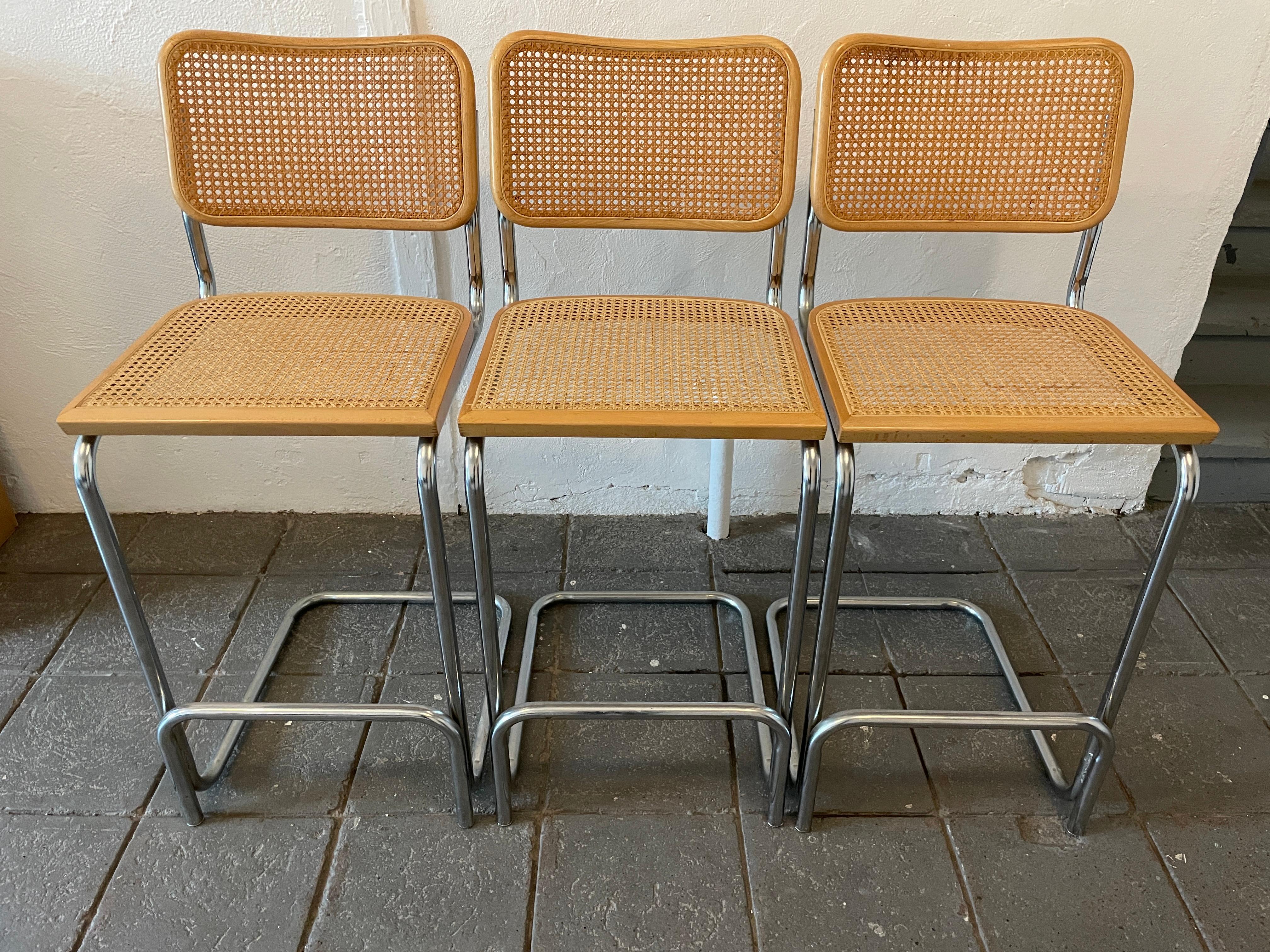 Set of 3 Mid-Century Modern Marcel Breuer cesca style bar stools chrome tubular framed and cane woven seats. 28.25