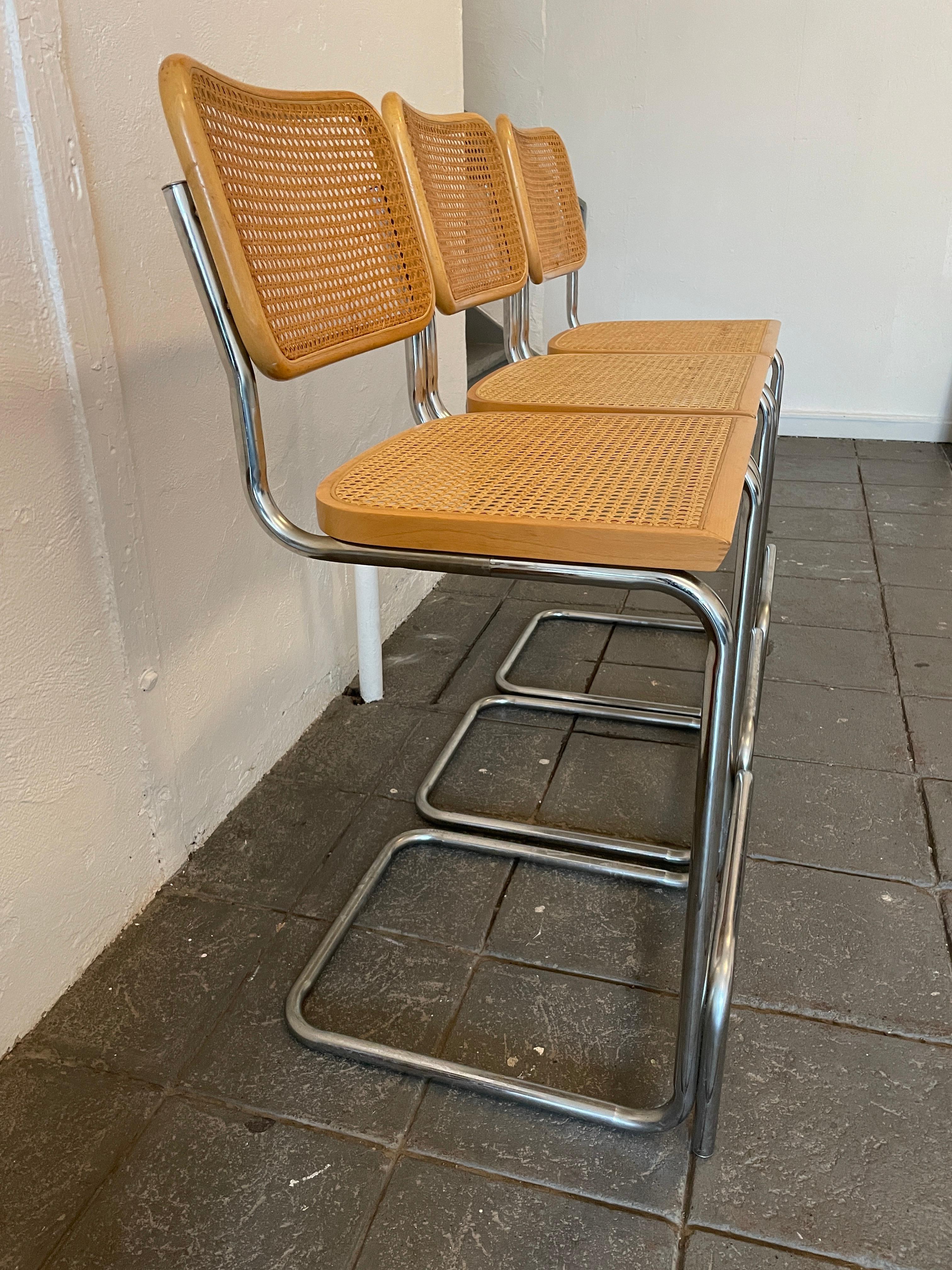 Set of 3 Mid-Century Modern Marcel Breuer Chrome Cane Cesca Bar Stools In Good Condition In BROOKLYN, NY
