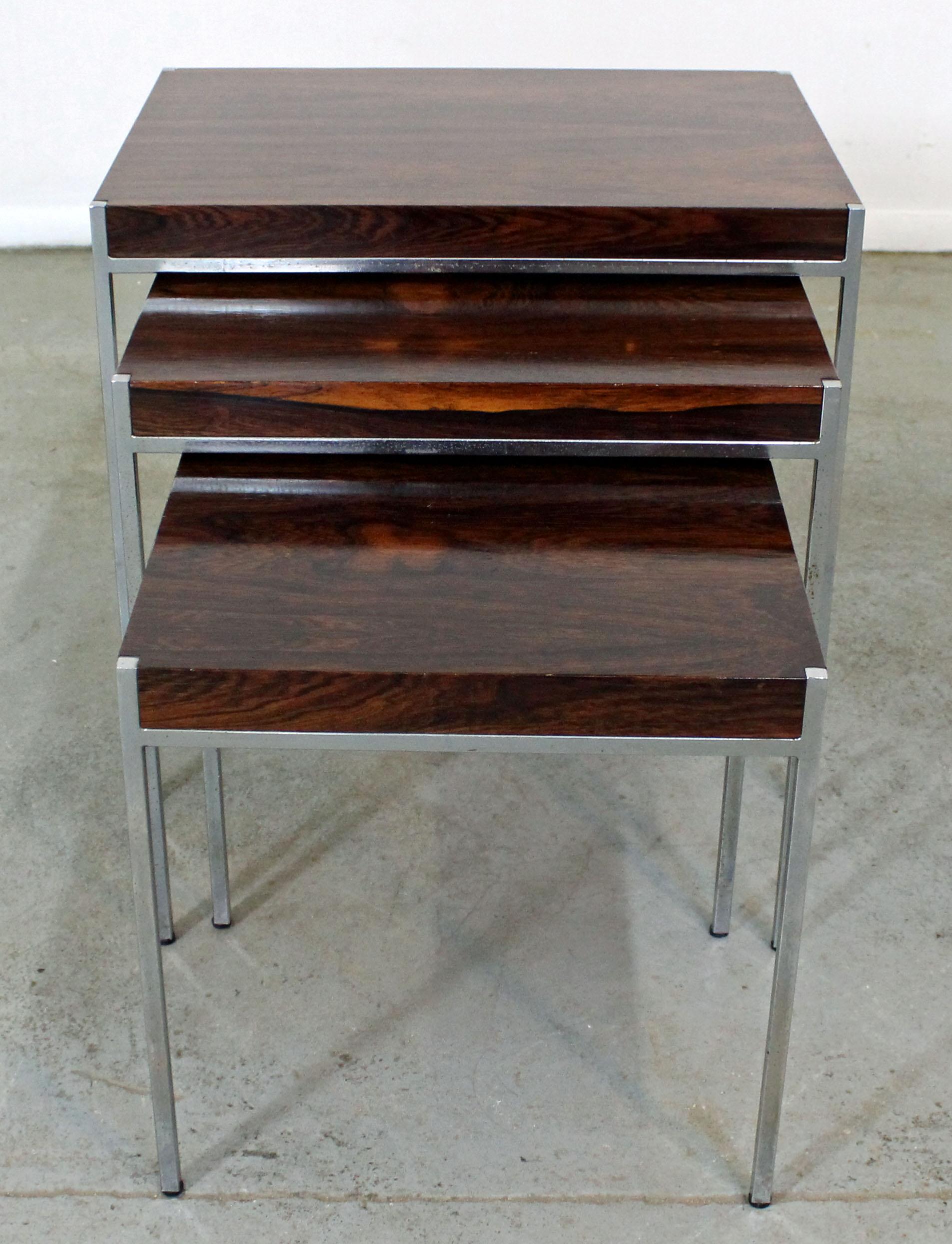 American Set of 3 Mid-Century Modern Milo Baughman Style Rosewood Chrome Nesting Tables