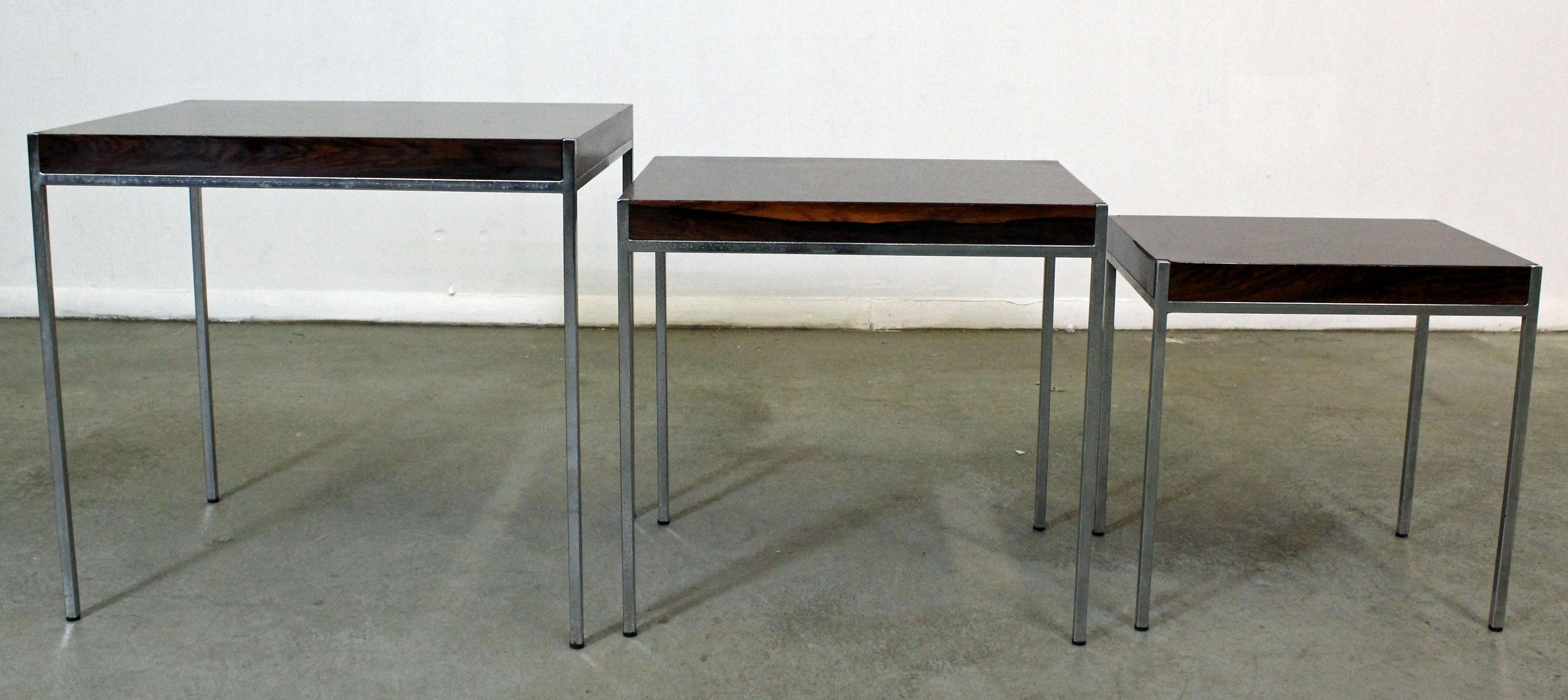 Set of 3 Mid-Century Modern Milo Baughman Style Rosewood Chrome Nesting Tables In Fair Condition In Wilmington, DE