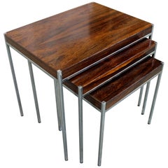 Set of 3 Mid-Century Modern Milo Baughman Style Rosewood Chrome Nesting Tables