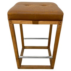 Set of 3 Mid century modern oak leather chrome counter stools