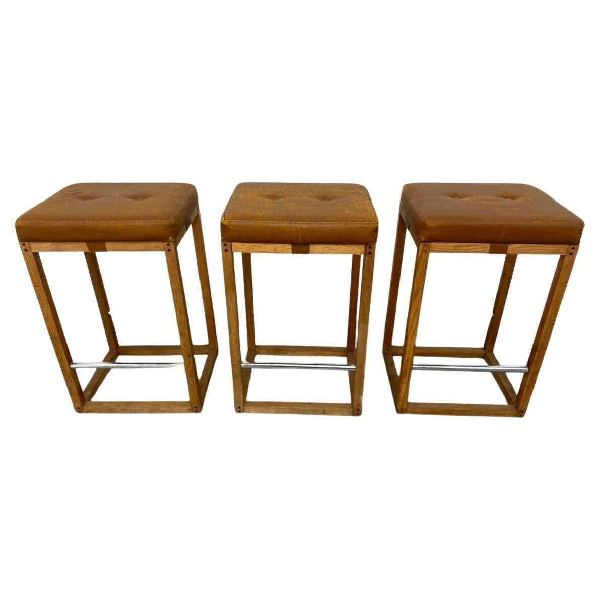 Set of 3 Mid century modern oak leather chrome counter stools
