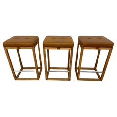 Set of 3 Mid century modern oak leather chrome counter stools