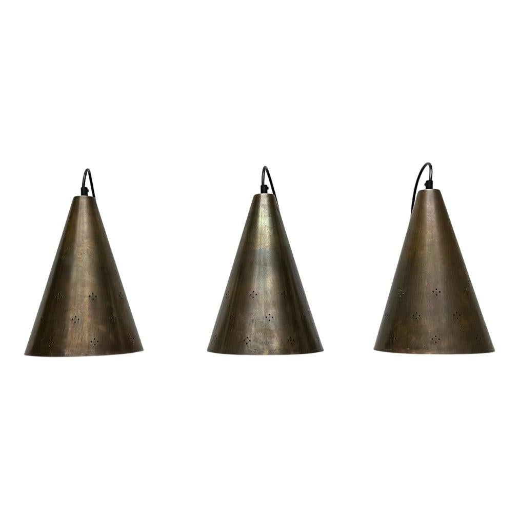 Set of 3 Mid-Century Modern Perforated Brass Pendant Lamps, 1960s