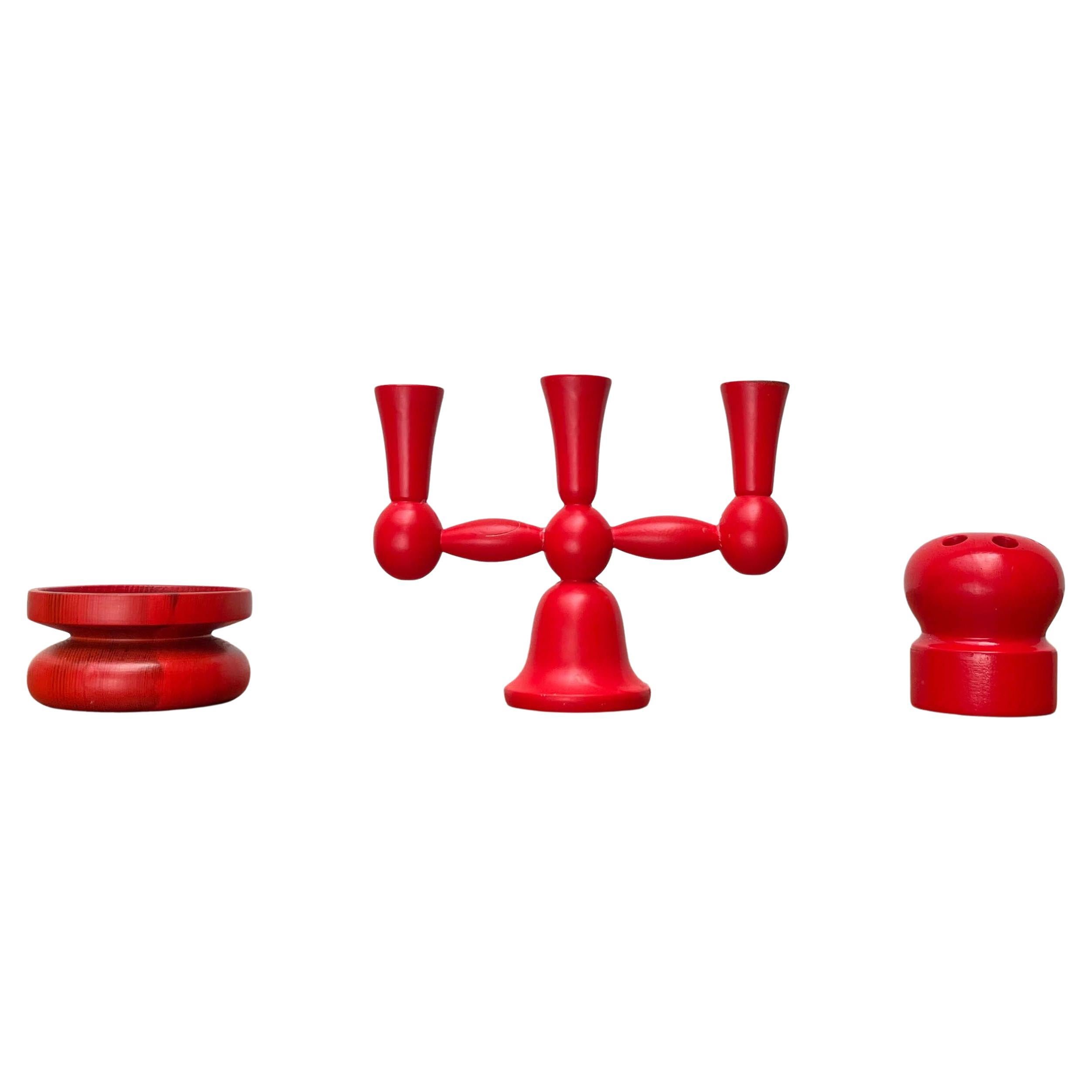 Set of 3 Mid-Century Modern Red Wooden Candle Holder from Aarikka, Finland 1960s