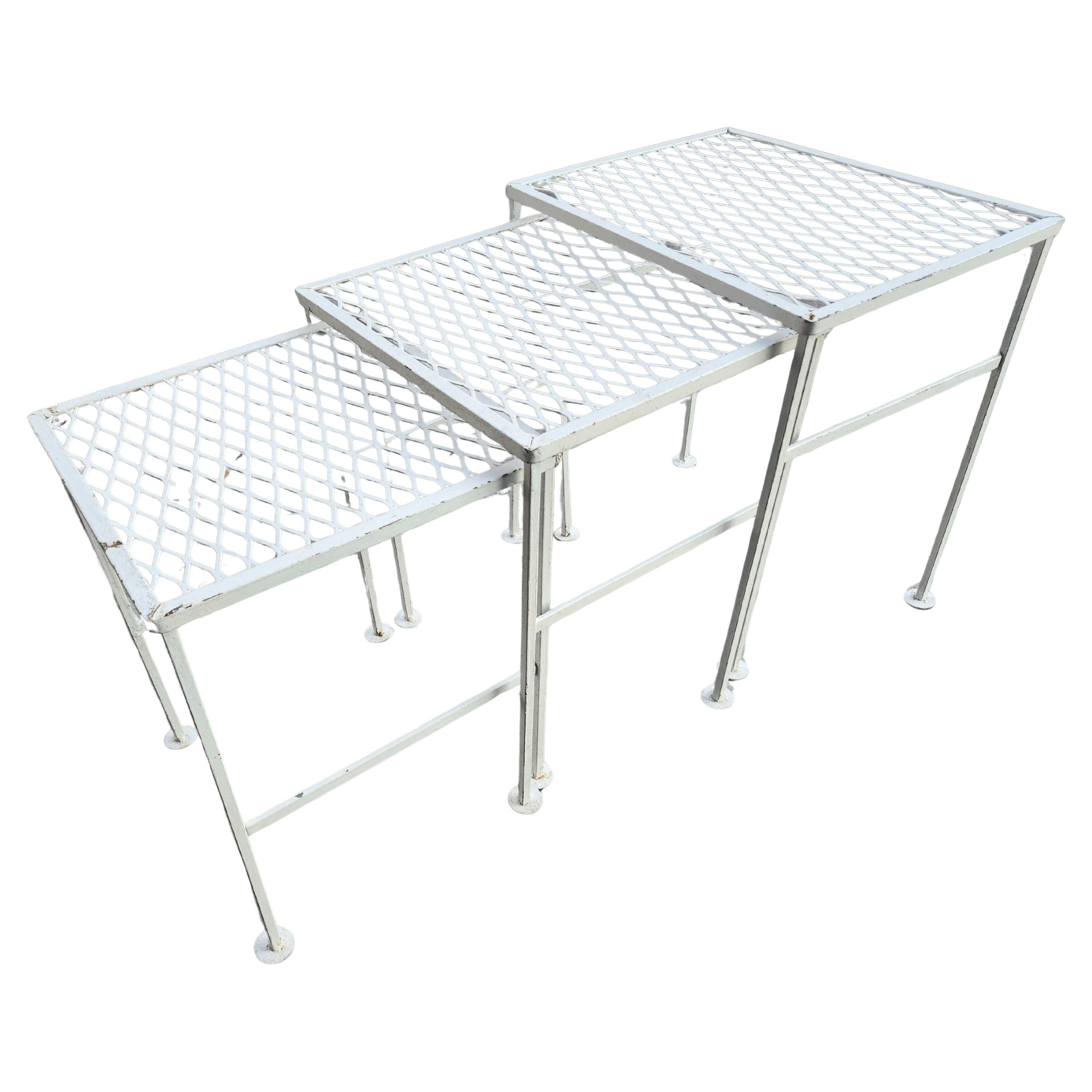 Set of 3 Mid-Century Modern Stacking Tabes Iron w Mesh Tops By John Salterini