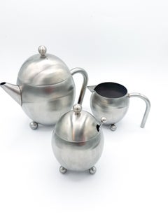 3er-Set Edelstahl-Teekanne, Milchkännchen und Zuckerdose aus der Mitte des Jahrhunderts 1960er Jahre