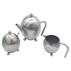Vintage Set of 3 Mid-Century Modern Stainless Steel Teapot, Creamer & Sugar Bowl 1960s
