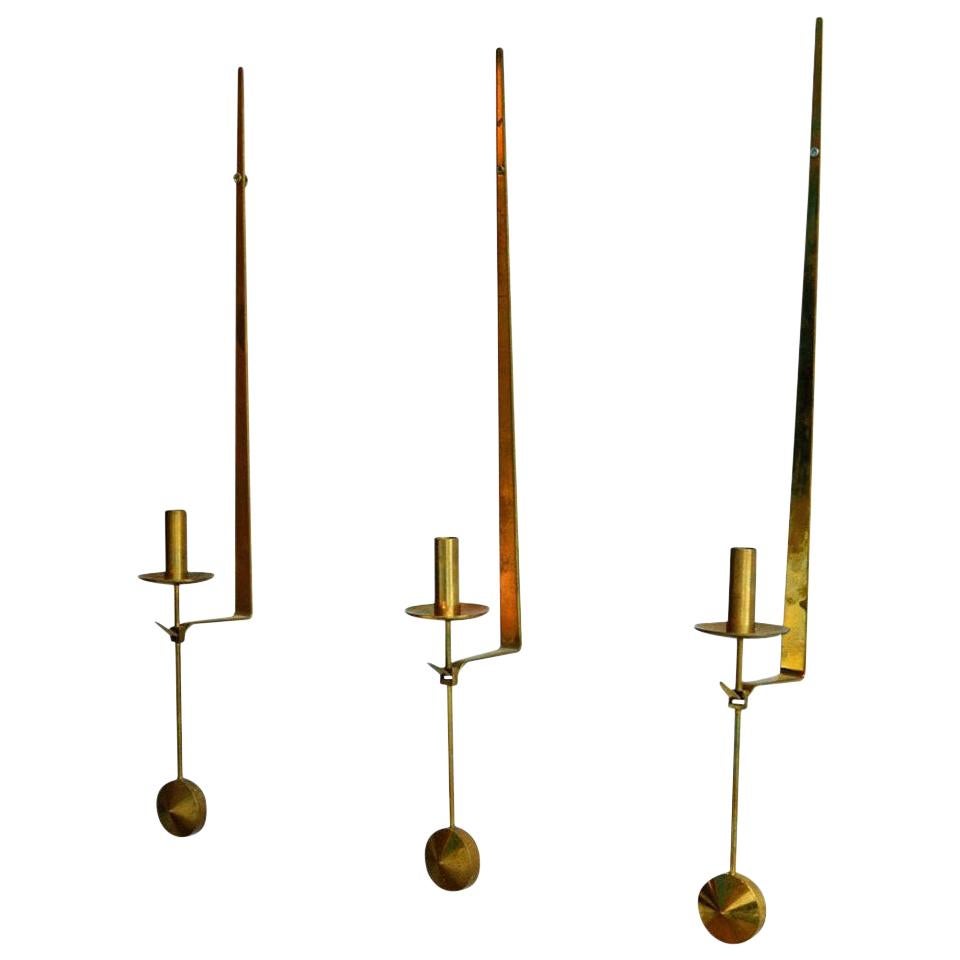 Set of 3 Mid-Century Modern Swedish Brass Pendel Candlesticks by Pierre Forsell