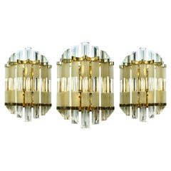 Set of 3 Mid-Century Modern Venini Sconces Made of Brass and Murano Glass