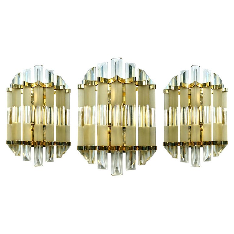 Set of 3 Mid-Century Modern Venini Sconces Made of Brass and Murano Glass For Sale