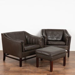 Set of 3, Mid-Century Modern Vintage Brown Leather Pair of Arm Chairs with Ottom