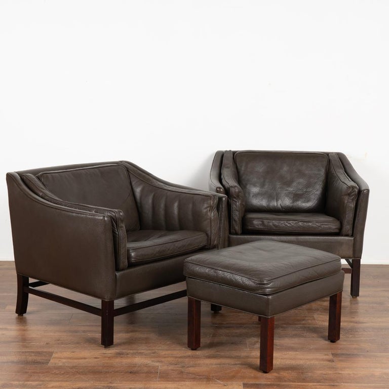 Set of 3, MidCentury Modern Vintage Brown Leather Pair of Arm Chairs