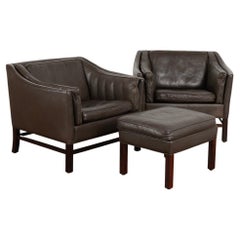 Set of 3, Mid-Century Modern Vintage Brown Leather Pair of Arm Chairs with Ottom