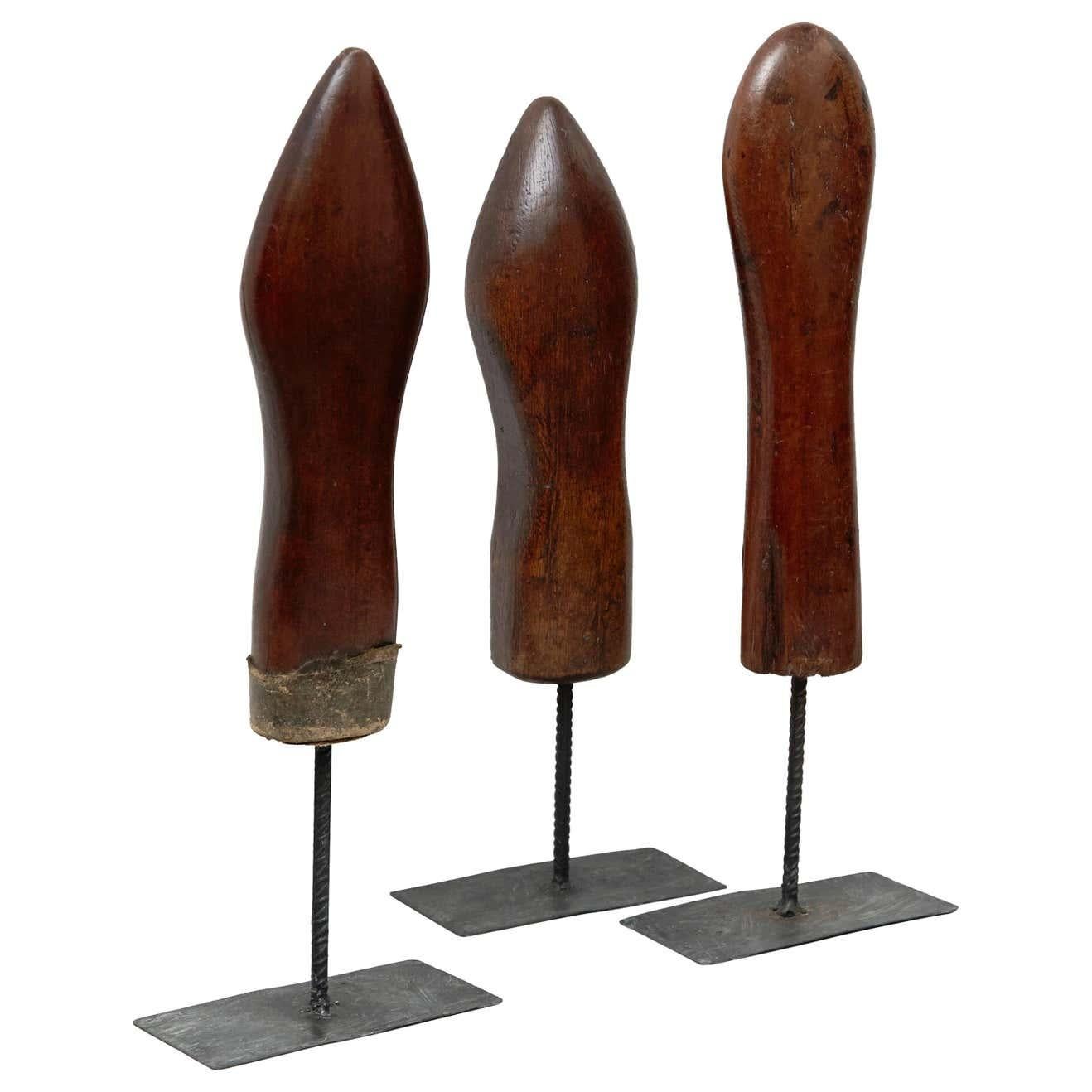 Set of 3 Mid-Century Modern Wood and Metal Sculptures, circa 1950 For Sale 6