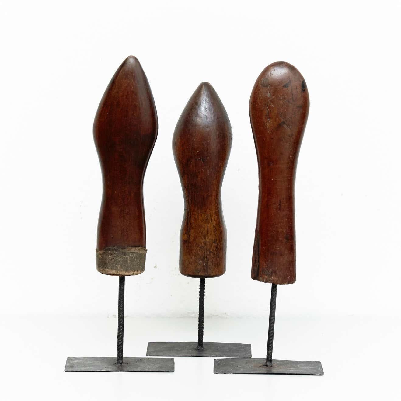 Spanish Set of 3 Mid-Century Modern Wood and Metal Sculptures, circa 1950 For Sale