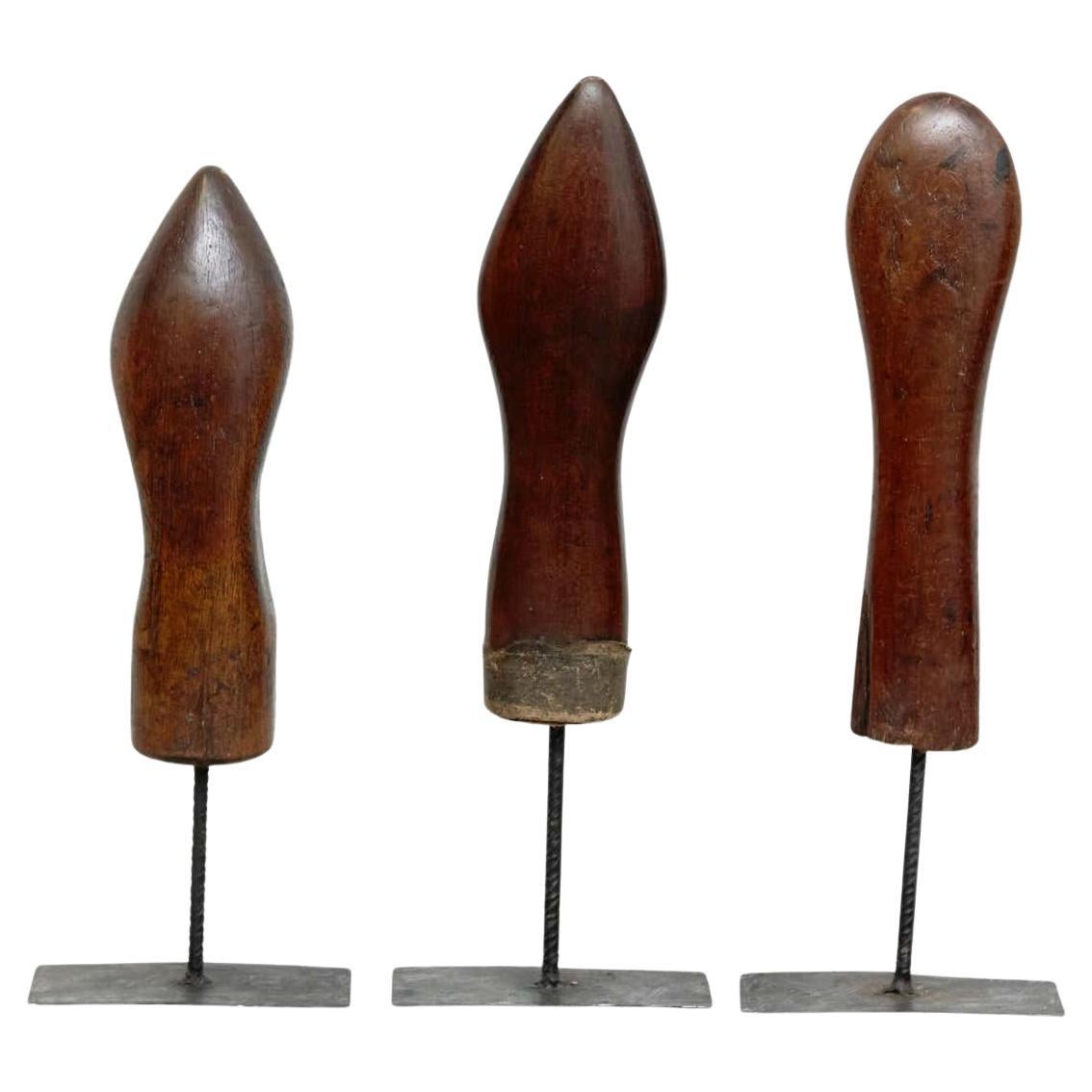 Set of 3 Mid-Century Modern Wood and Metal Sculptures, circa 1950 For Sale