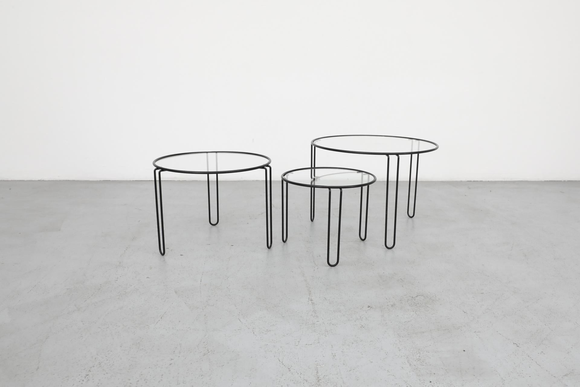Dutch Set of 3 Mid-Century Modernist Wire Frame and Glass Top Nesting Tables