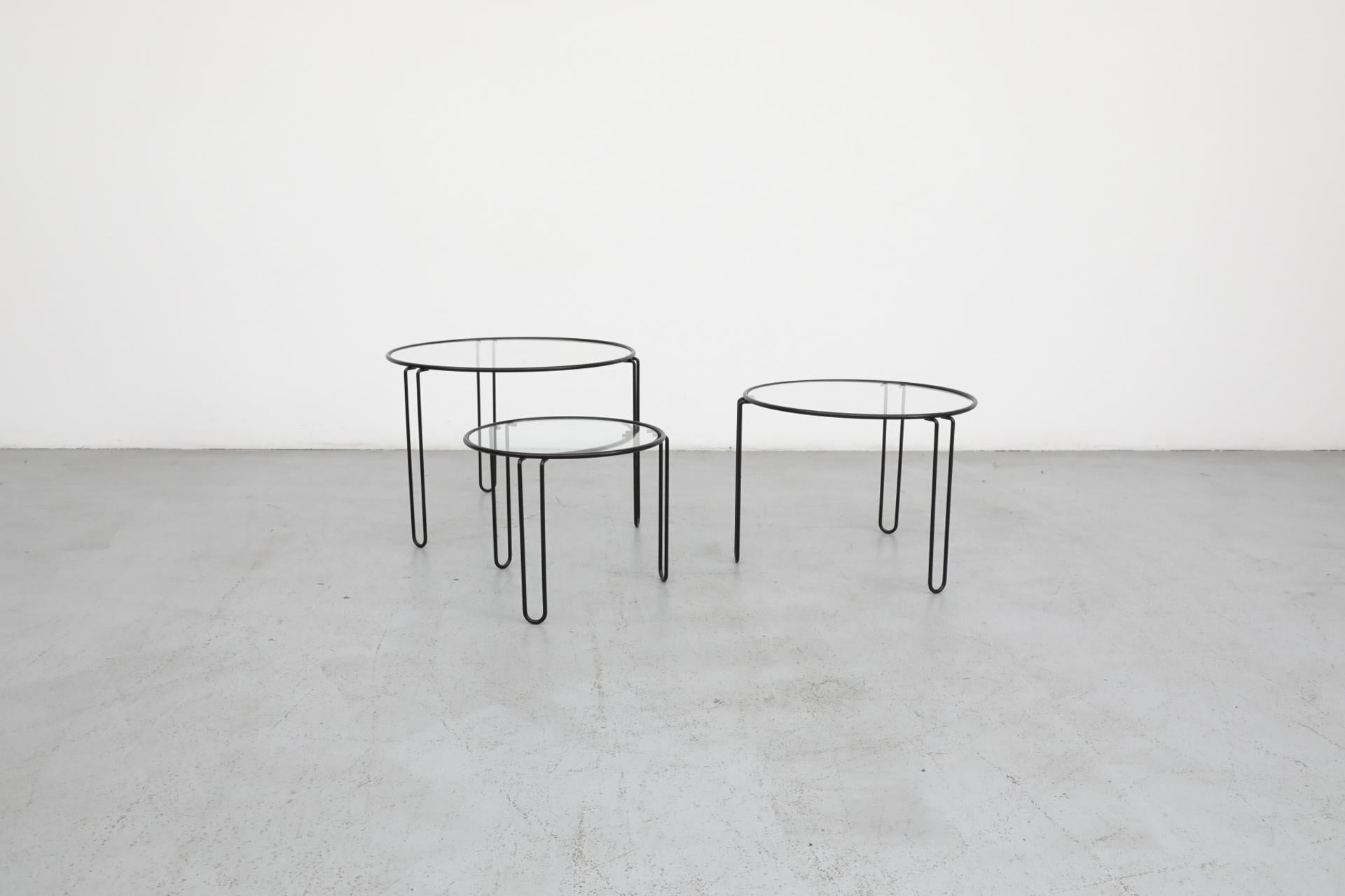 20th Century Set of 3 Mid-Century Modernist Wire Frame and Glass Top Nesting Tables
