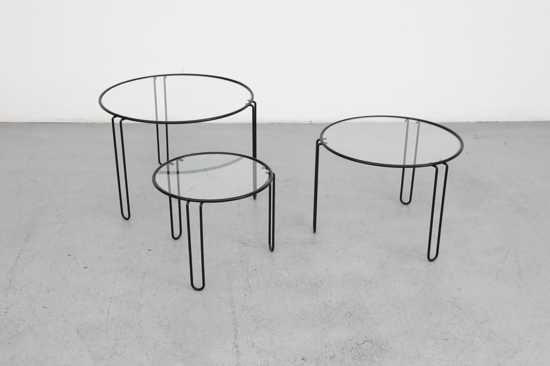 Set of 3 Mid-Century Modernist Wire Frame and Glass Top Nesting Tables 1