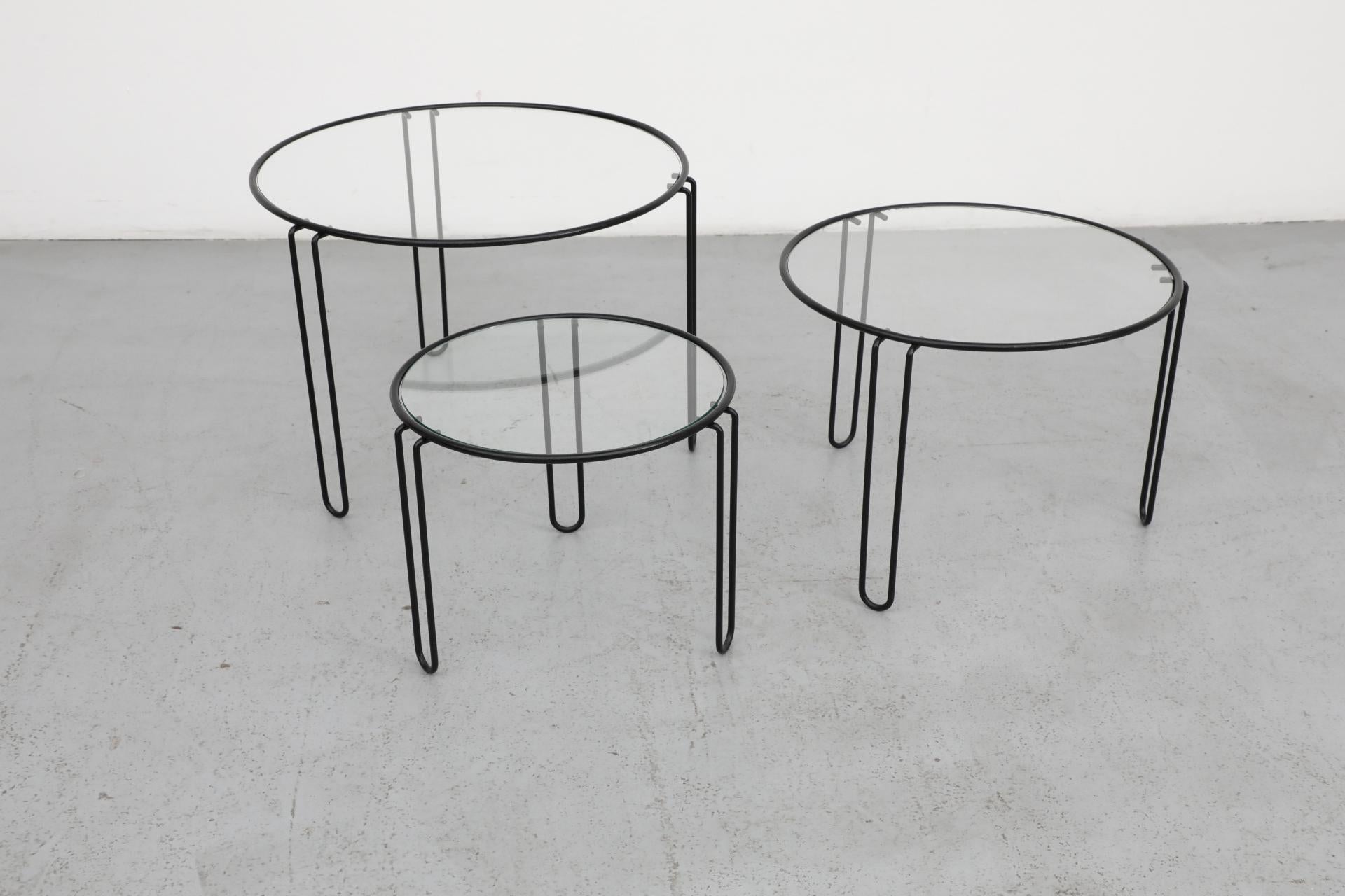 Set of 3 Mid-Century Modernist Wire Frame and Glass Top Nesting Tables 2