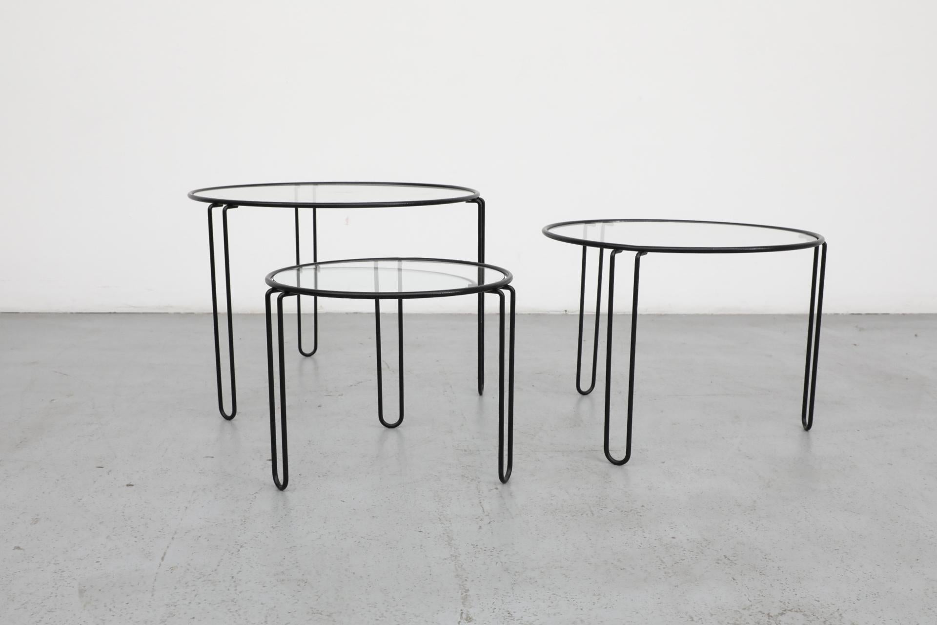 Set of 3 Mid-Century Modernist Wire Frame and Glass Top Nesting Tables 3