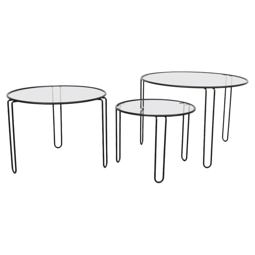 Set of 3 Mid-Century Modernist Wire Frame and Glass Top Nesting Tables