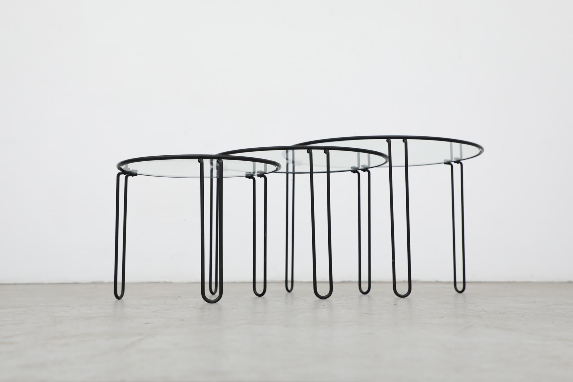 Set of 3 Mid-Century Modernist Black Wire Frame and Glass Topped Nesting Tables For Sale 2