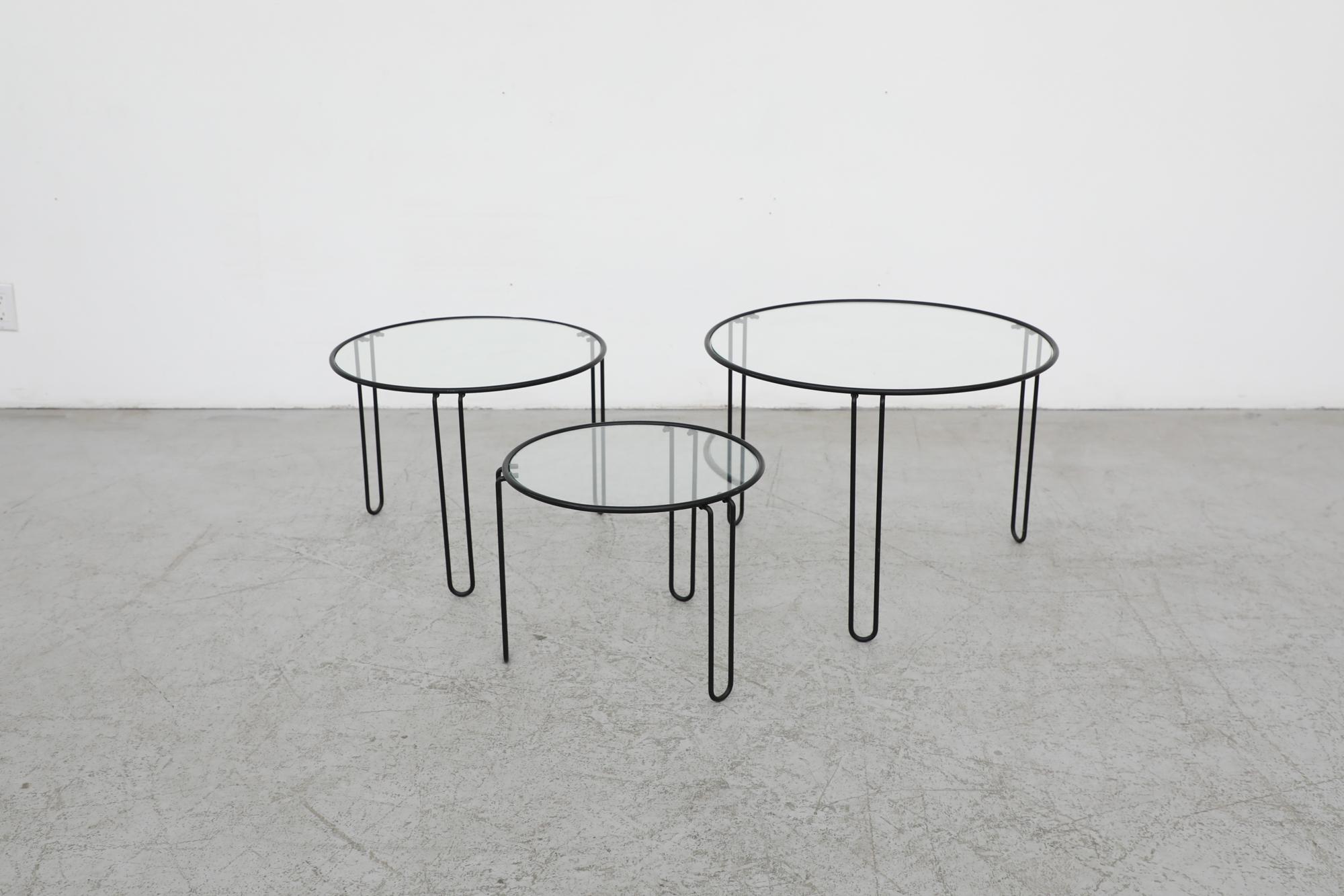 Set of 3 Mid-Century Modernist Black Wire Frame and Glass Topped Nesting Tables For Sale 3