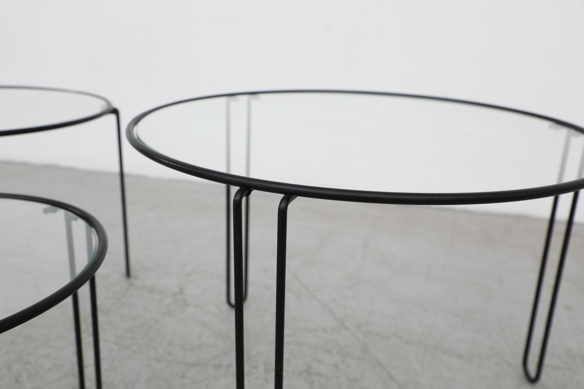 Set of 3 Mid-Century Modernist Black Wire Frame and Glass Topped Nesting Tables For Sale 6