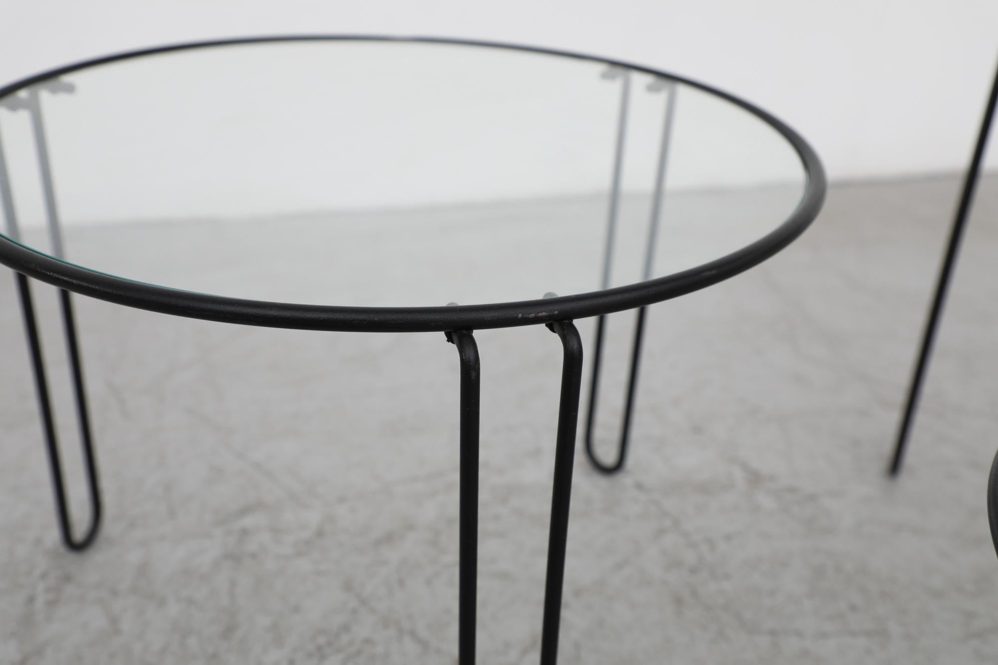 Set of 3 Mid-Century Modernist Black Wire Frame and Glass Topped Nesting Tables For Sale 7