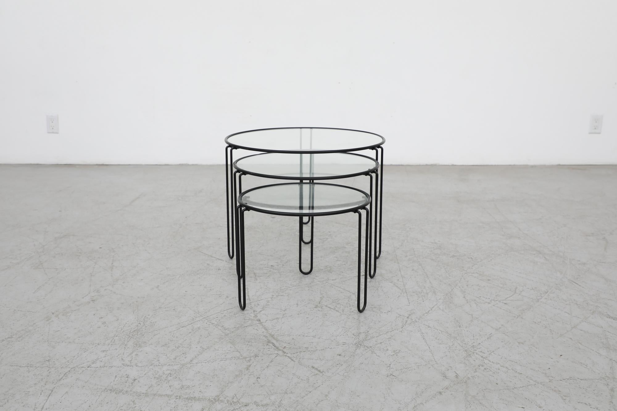 Mid-20th Century Set of 3 Mid-Century Modernist Black Wire Frame and Glass Topped Nesting Tables For Sale
