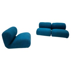 Set of 3 Mid-Century Modulable Blue Italian Chairs, Italy, 1970s