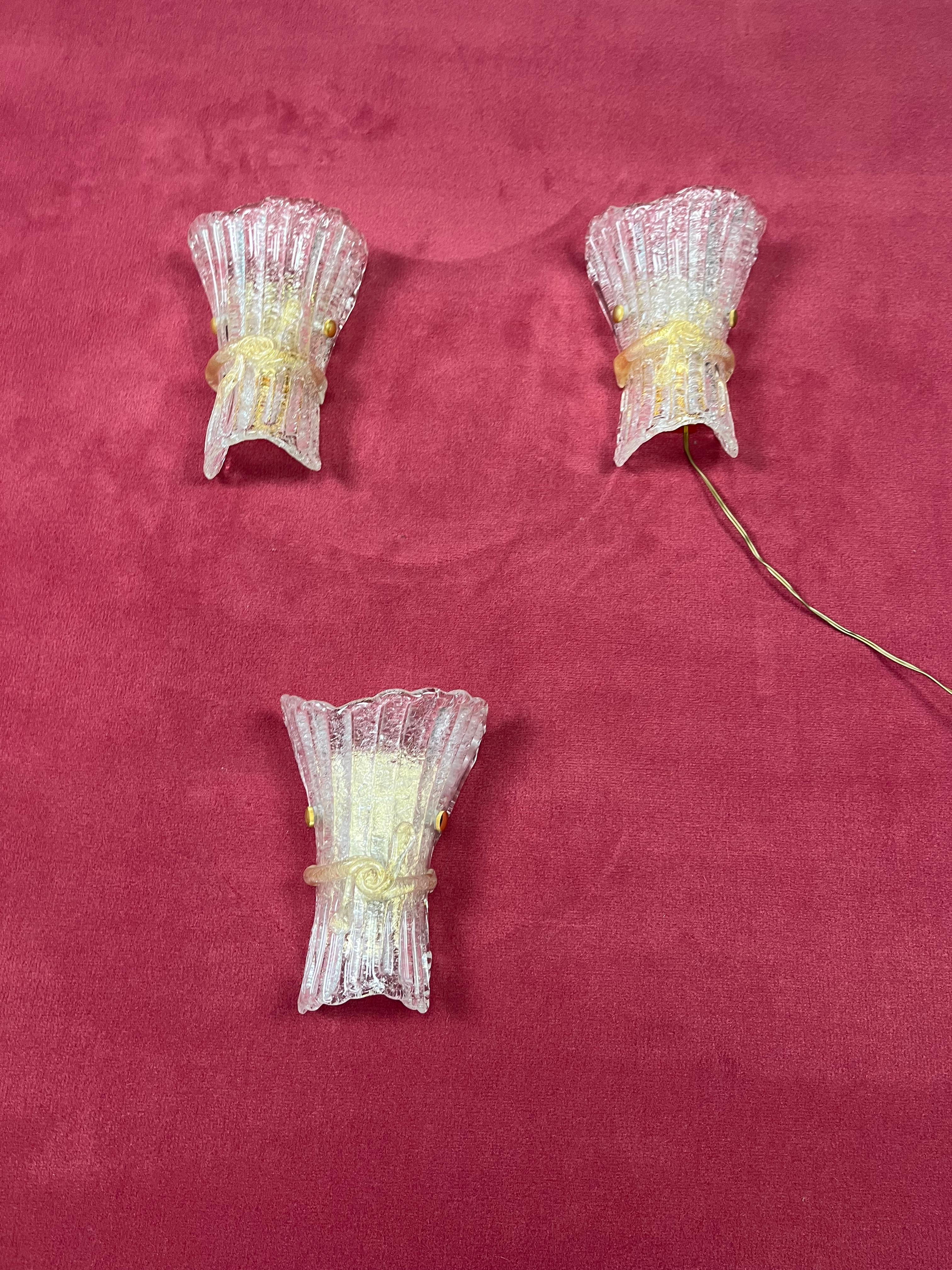 Set Of 3 Mid-Century Murano Glass Wall Lamps, 1960s For Sale 8