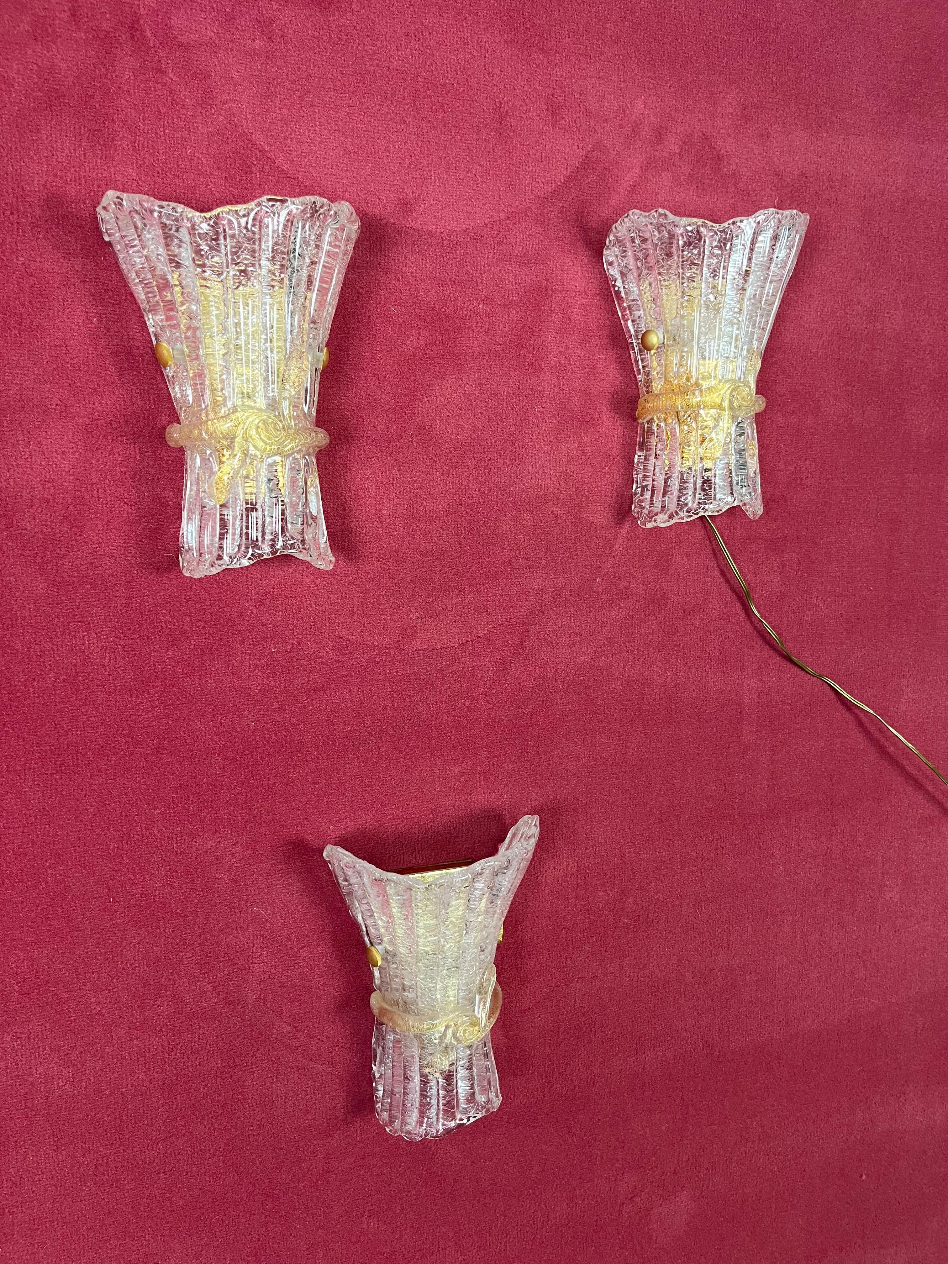 Set Of 3 Mid-Century Murano Glass Wall Lamps, 1960s For Sale 10
