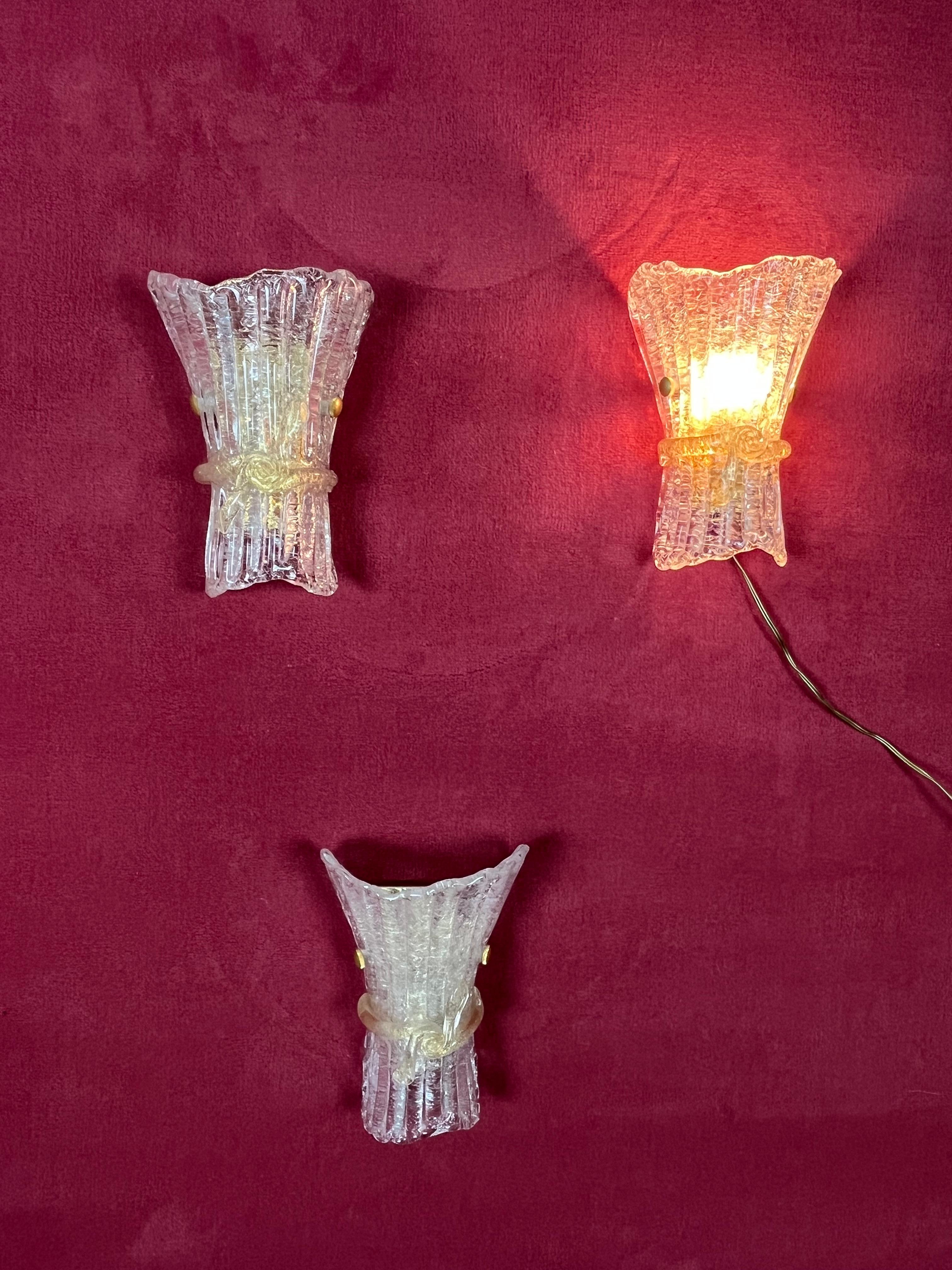 Set Of 3 Mid-Century Murano Glass Wall Lamps, 1960s For Sale 1