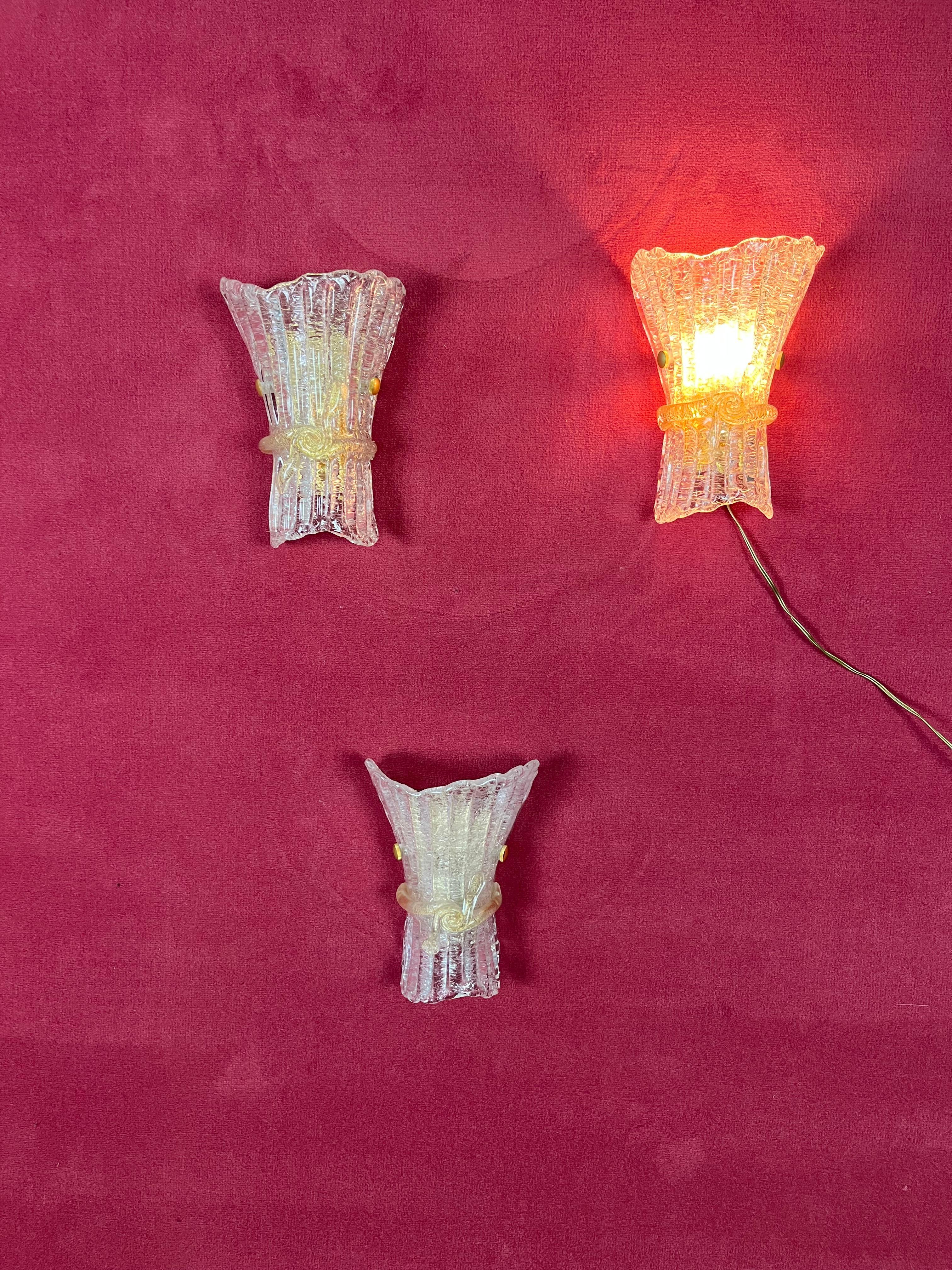 Set Of 3 Mid-Century Murano Glass Wall Lamps, 1960s For Sale 4
