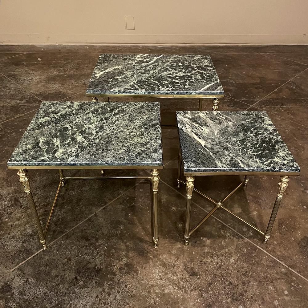 20th Century Set of 3 Mid-Century Neoclassical Brass & Marble Nesting Tables For Sale