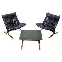 Set of 3 Mid-Century Norwegian Siesta Lounge Chairs and Glass Side Table Set