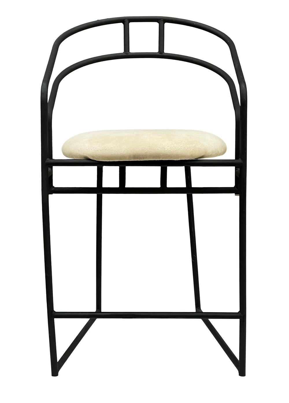 Post-Modern Set of 3 Mid Century Post Modern Black Metal Frame Bar Stools by Cal Style For Sale