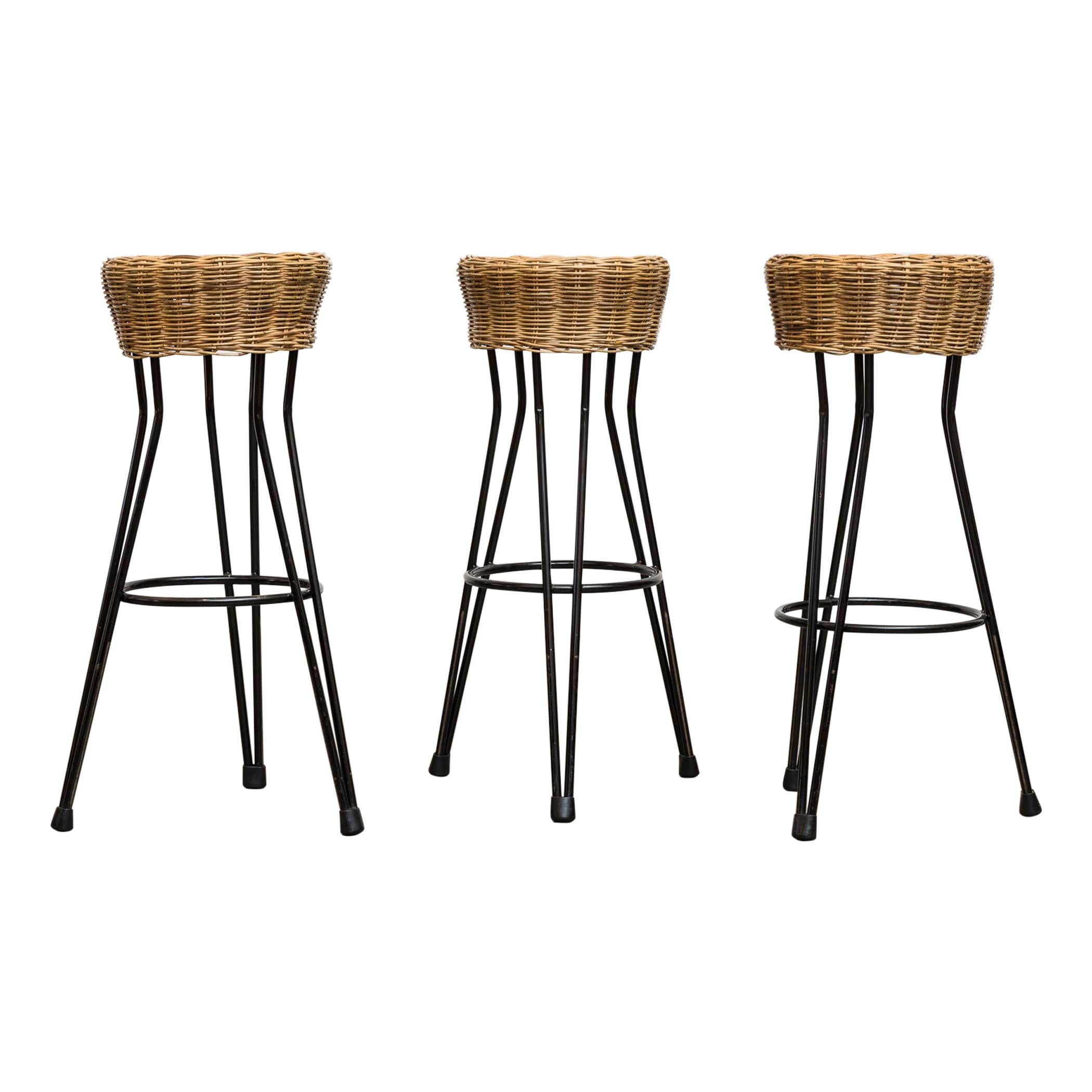 Set of 3 Midcentury Rattan Bar Stools