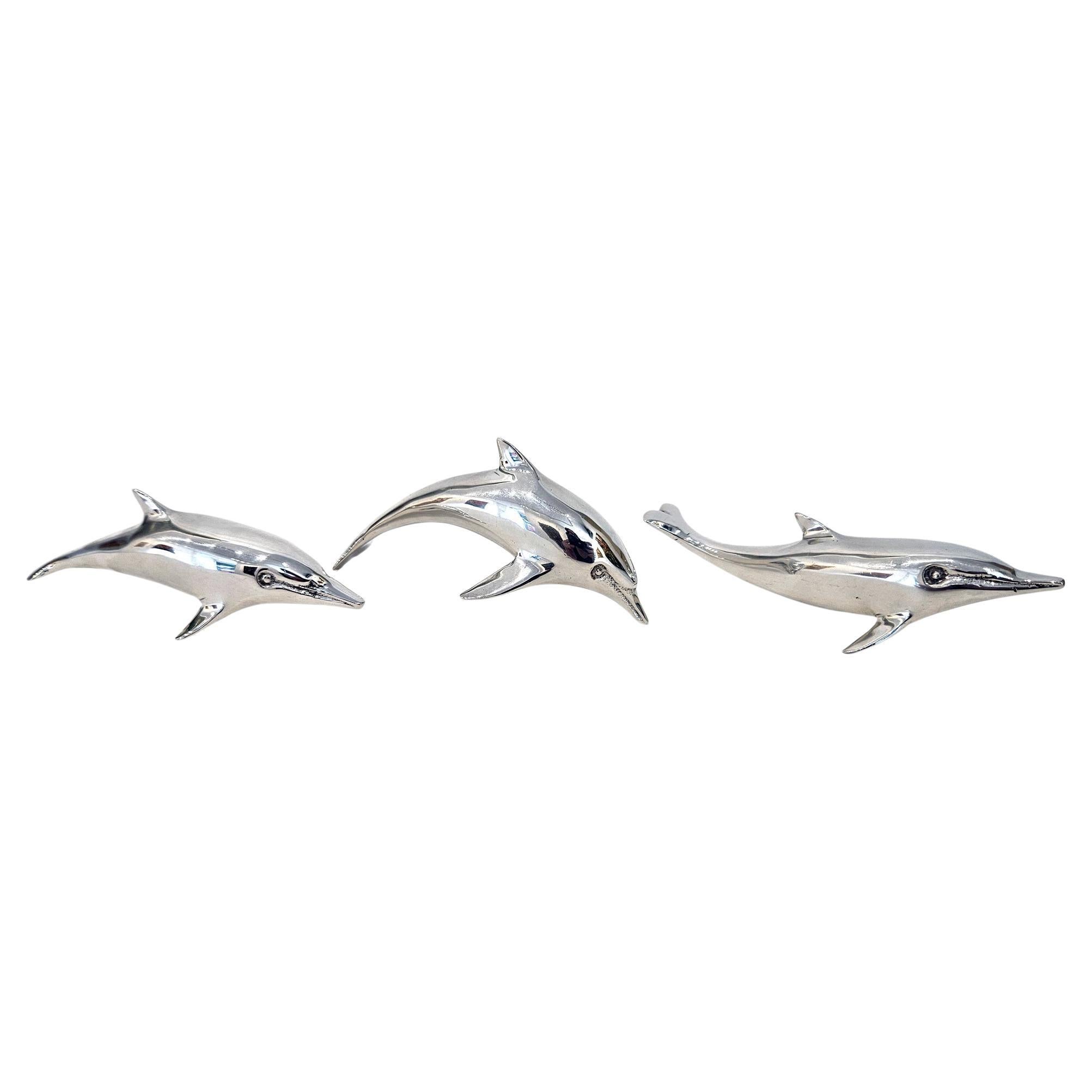 Set of 3 Mid Century Silver Plate Bronze Dolphin Ornaments, Spain, c. 1970