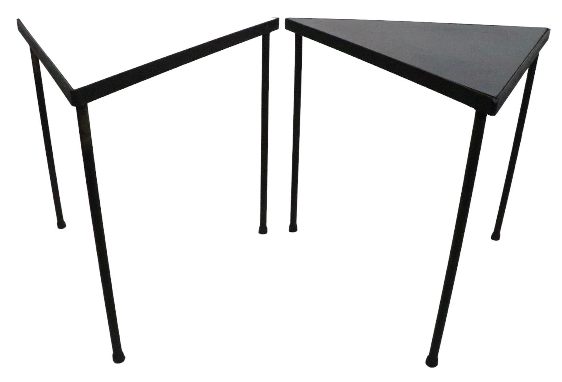 Iron  Set of 3 Mid Century Triangular  Stacking Tables by Frederic  Weinberg c 1950's For Sale