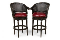 Set of 3 Mid-Century Wood & Cane Horseshoe Back Swivel Stools with Leather Seats