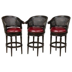 Set of 3 Mid-Century Wood & Cane Horseshoe Back Swivel Stools with Leather Seats