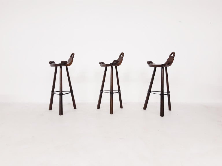 Set of 3 Midcentury Wooden Brutalist Spanish Bar Stools at 1stDibs